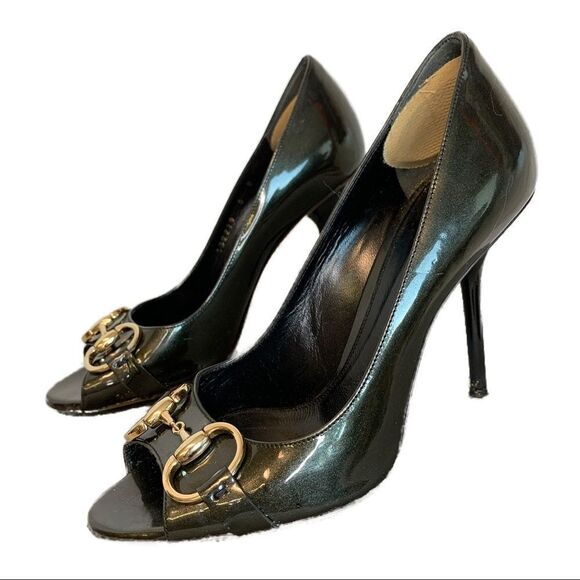 Gucci glitter patent open peep toe horsebit heels Sz 6 - Picture 1 of 13